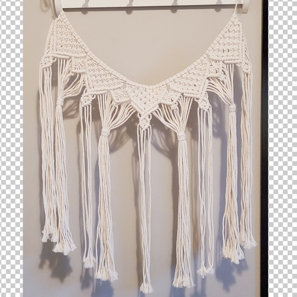 Macrame white hanging wall decor tassels hand-made cotton rope tapestry - Picture 6 of 6